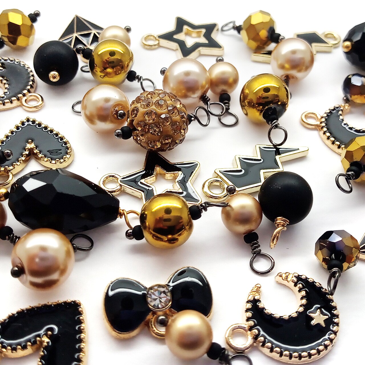 Black & Gold Charm Mix, 20 pc Assortment of Bead Dangles & Enamel Charms, Adorabilities